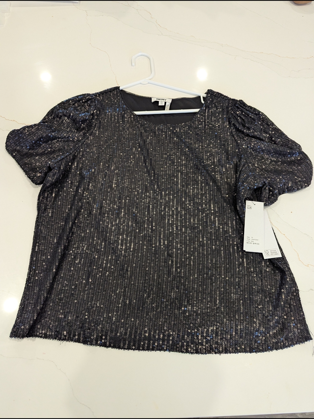 DKNYC Black Sequin Puff Sleeve Top